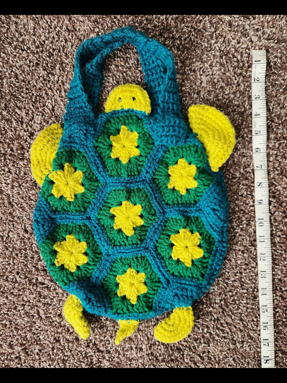 Handmade Crochet Turtle Bag in Teal, Green & Yellow